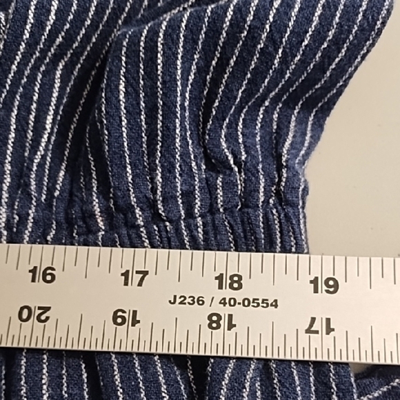 Navy & White Stripe Linen Blend Button Down Shirt Dress Ruffle Hem Knee Length - Picture 5 of 14